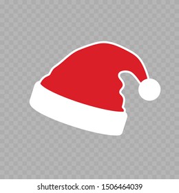 Santa Claus hat flat. Realistic Santa Claus hat isolated transparent background. Red white funny cap silhouette. Merry Christmas clothes cartoon design. New year decoration costume Vector illustration