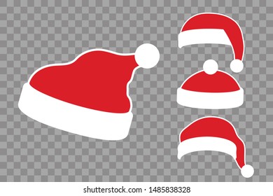 Santa Claus hat flat set. Santa Claus hat isolated transparent background. Red funny cap silhouette. Merry Christmas clothes cartoon design. New year decoration costume Vector illustration