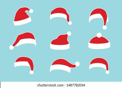 Santa Claus hat flat set. Realistic Santa Claus hat isolated blue background. Red funny cap silhouette. Merry Christmas clothes cute cartoon design. New year decoration costume Vector illustration