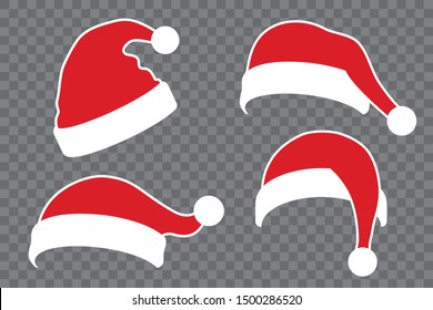 Santa Claus hat flat set. Realistic Santa Claus hat isolated transparent background. Red funny cap silhouette. Merry Christmas clothes cartoon design. New year decoration costume Vector illustration