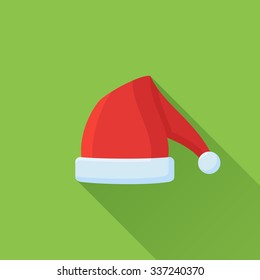 Santa Claus hat flat style icon on green background. Vector illustration.