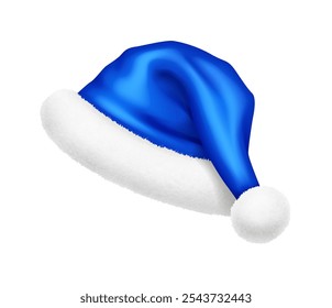 Santa Claus hat with fluffy fur and silk realistic vector illustration. Christmas holiday party clothing accessory 3d model on white background