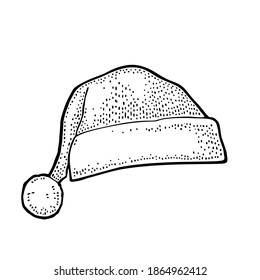 Santa Claus hat. Front view. Vector vintage engraving illustration isolated on white. For poster New Year and Merry Christmas