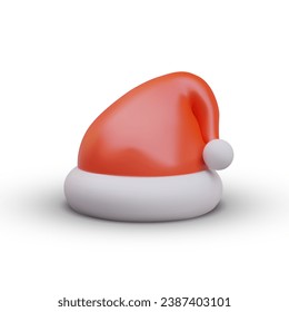 Santa Claus hat, front view. Cute red hat for festive mood. Symbol of New Year holiday. Template for web design. Realistic image with highlights and shadows