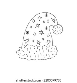 Santa Claus hat with fur and decor simple outline vector illustration in doodle style Christmas holiday decor, New Year celebration festive hand drawn image for card, poster, invitation, coloring page