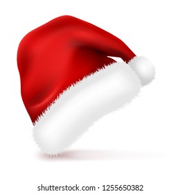 Santa Claus Hat with Fur Isolated on white background. New Year Christmas red Winter Cap. Vector illustration.	