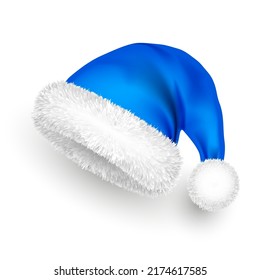 Santa Claus hat with fur. New Year blue hat, realistic winter cap. Christmas greeting card design element. Vector illustration