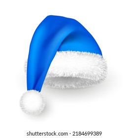 Santa Claus hat with fur. New Year blue hat, realistic winter cap. Christmas greeting card design element. Vector illustration