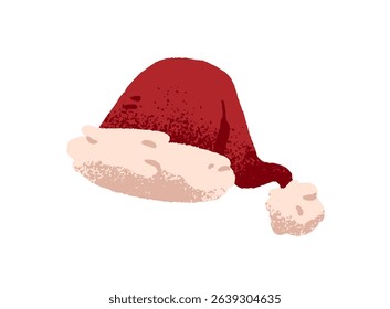 Santa Claus hat with fur pompom. Red Christmas cap for celebration winter holidays. Xmas accessory, New Year headwear, headgear, clothes. Flat isolated vector illustration on white background