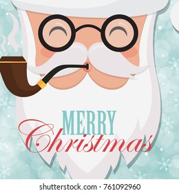 Santa Claus, hat, glasses and beard isolated on bokeh background with snowflakes. Hipster Santa. Happy New Year and Christmas greetings card