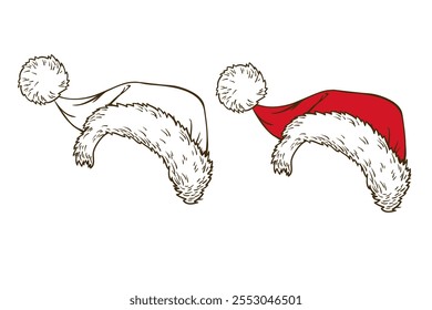 Santa Claus hat hand drawn sketch vintage vector black and white and color illustration on white background.