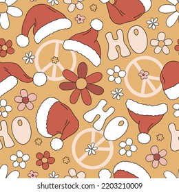 Santa Claus hat hippie groovy Christmas peace sign floral vector seamless pattern. Retro 60s 70s Xmas flower power background for holiday festive season wrapping paper.