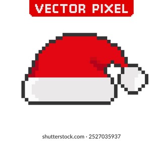 Santa Claus hat icon in pixel art style. Gaming headdress bit symbol. Vector illustration isolated on white background