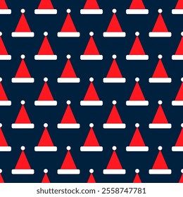 Santa Claus hat icon seamless pattern on dark blue background. Vector design in retro style. Festive Christmas packaging. Vector