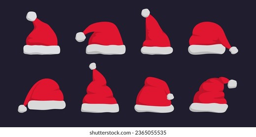 Santa Claus hat icons in cartoon style. Christmas Santa cap collection. Cartoon red Santa Claus hat. Winter holiday caps