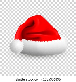 Santa Claus hat isolated on transparent background. Realistic Vector. 3d Illustration.