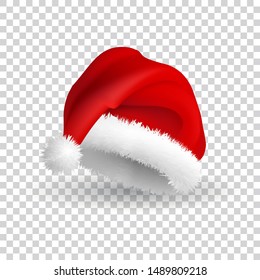 Santa Claus hat isolated on transparent background. Realistic Vector. 3d Illustration.