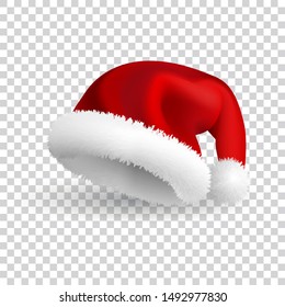 Santa Claus hat isolated on transparent background. Realistic Vector. 3d Illustration.