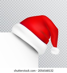 Santa Claus hat isolated on transparent background. New Year or Christmas red cap with corner. Vector 3d xmas icon.