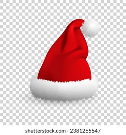 Santa Claus hat isolated on transparent background. Realistic Vector. 3d Illustration.