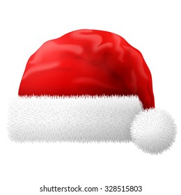 Santa Claus Hat Isolated On White Background. Red Christmas Cap With White Fur. Vector Illustration