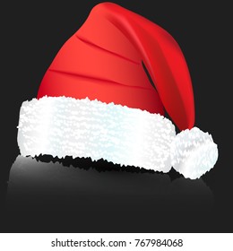 Santa Claus hat isolated on black background with shadow, vector illustration