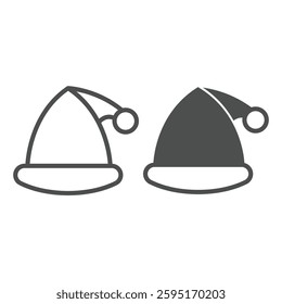 Santa Claus hat line and solid icon, happy christmas concept. Vector graphics. Hat with velvet top and pompon sign on white background, outline style icon for mobile or web design