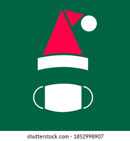 Santa Claus hat and medical mask. The concept of protection against viruses for the Christmas holidays. Flat image of red hat and white mask on a green background. Vector.