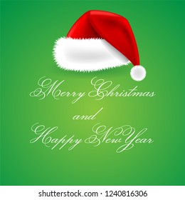 Santa Claus Hat, Merry Christmas and Happy New Year, Green Background, Hand Drawn Vector Realistic 3D Illustration