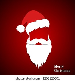 Santa Claus hat, moustache and beard isolated on red background. Concept for Christmas greeting or invitation card. Vector Illustration.