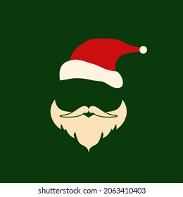 Santa Claus hat, moustache and beard isolated on green background. Concept for Christmas greeting or invitation card. Vector Illustration.