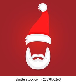 Santa Claus hat, moustache and beard. Concept for Christmas greeting or invitation card. Vector illustration on  red background.
