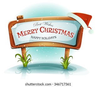 Santa Claus Hat On Christmas Wood Sign/
Illustration of a cartoon red santa claus hat settled on wood sign in the snow for merry christmas holidays celebration