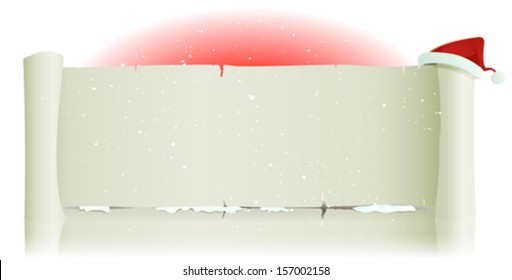 Santa Claus Hat On Merry Christmas Parchment Background/ Illustration of a cartoon red Santa claus hat settled on white parchment sign for merry christmas holidays and children gift list