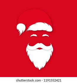 Santa Claus in hat on red background. Santa Claus's face silhouette with lush beard, mustaches and brows in origami style. Vector