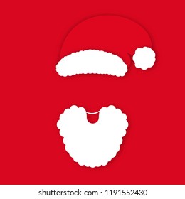 Santa Claus in hat on red background. Santa Claus's face silhouette with lush white beard in origami style. Vector