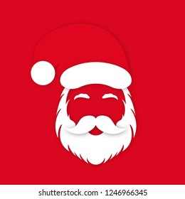 Santa Claus in hat on red background. Santa Claus's face silhouette with lush beard, mustaches and eyebrows. Vector