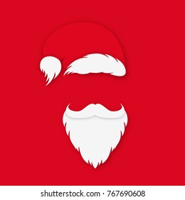 Santa Claus in hat on red background. Santa Claus with white beard and mustache in origami style. Vector