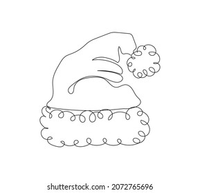 Santa Claus hat one line art. Continuous line drawing of new year holidays, christmas, traditional, decor, hat with pompon, winter accessory, magic.