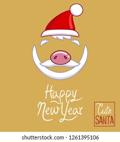 Santa Claus hat, piggy nose, beard and mustache with the inscription Happy New Year. Hand drawn style vector design for illustration. New Year's mask