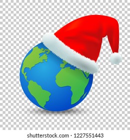 Santa Claus hat placed on earth, Merry Christmas and Happy New Year, Isolated on transparent background, Vector illustration