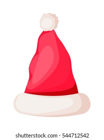 Santa Claus hat with pompom on top isolated. Winter fur woolen cap with white rim. Father Christmas unisex hat. Flat icon winter snowboard accessory in cartoon style vector illustration