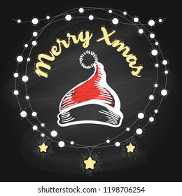 Santa claus hat poster. Merry xmax sketch placard with garland on chalkboard, vector illustration