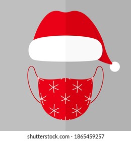 Sombrero de Santa Claus y máscara protectora. Ilustración vectorial.