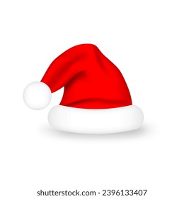Santa Claus hat. Realistic red Santa Claus hat on white background. Red Christmas Santa hat, design element for costume and mask. Vector