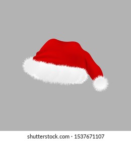 Santa Claus hat with realistic soft texture - Christmas and New Year symbol costume isolated on grey background. Winter New Year holiday accessory - vector illustration.