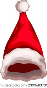 Santa Claus hat. Red holiday hat with white fur and balabon. Vector image. Santa Claus clothing, element