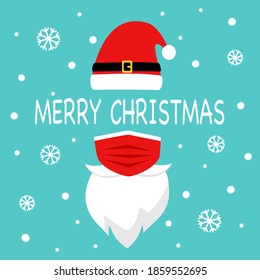 Santa Claus hat, red medical face mask and mustache with snowflakes on background in flat design. Merry Christmas 2020 festival celebration in Covid-19 Coronavirus outbreak concept vector.