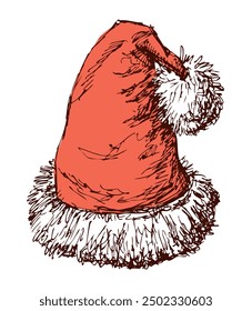 Santa Claus hat, red, white fur, pom pom, christmas accessory, hand drawn vector illustration, isolated on white