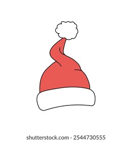 Santa Claus hat, red with a white pom-pom. Doodle illustration, isolated object